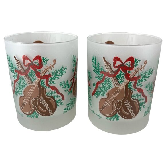 2 Georges Briard Christmas Glasses Frosted Old Fashioned Violin Drum Harp VTG - Picture 4 of 8